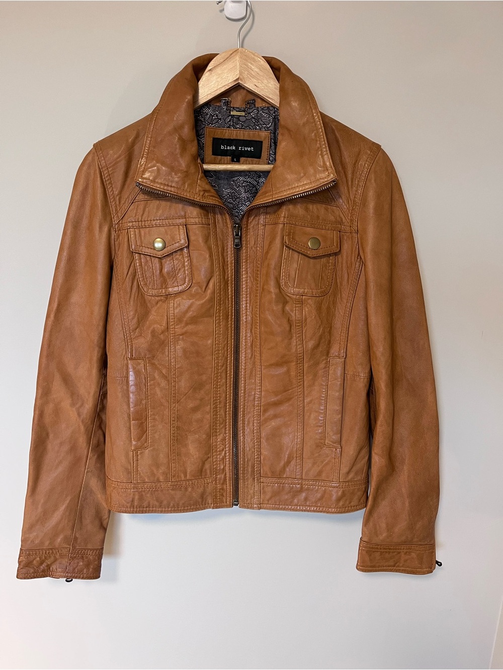 Black Rivet Genuine Leather Women’s Sz Lg Brown Full Zip Moto Jacket Vintage